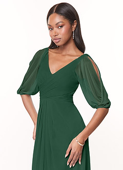 Azazie Noelia Final Sale Dark Green A-Line Pleated Mesh Dress image5
