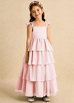 Azazie Boba Blumenmädchenkleider A-Linie Rechteckiger Ausschnitt Chiffon Kleid Zartrosa image1