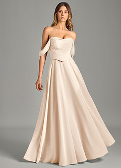 Azazie Chelsey 신부 들러리 드레스 A라인 오프 더 숄더 쉬폰 바닥 길이 드레스 image1