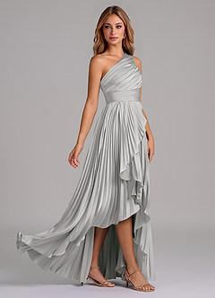 Azazie Lyrica 신부 들러리 드레스 A라인 한쪽 어깨 스트레치 새틴 비대칭 드레스 image3