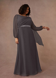 Azazie Priyanka vestidos de madre de la novia Vestido de Gris Acero de Gasa de Corte En A con Cuello barco plisado image7