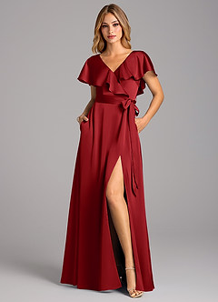 Azazie Lainey Bridesmaid Dresses Pomegranate A-Line with Pockets Stretch Satin Dress image4