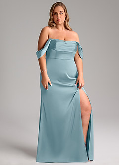 Azazie Saige Vestidos de damas de honor Vestido de Azul Malhumorado de Satén Elástico de Corte Recto con Vestidos sin tirantes image13