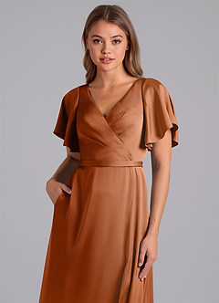 Azazie Ambrosia Bridesmaid Dresses Copper A-Line Pleated Stretch Satin Dress image2