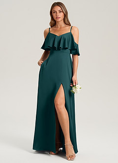 Azazie Jean Bridesmaid Dresses Pine A-Line Off the Shoulder Stretch Satin Dress image3