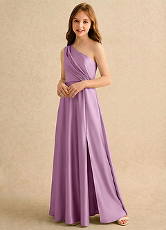 Azazie Puddles Girls Formal Robe Demoiselle D'honneur Fillette Robe Trapèze en Satin extensible Une épaule Glycine image4