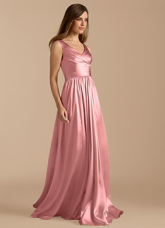 Azazie Keyla At-home Try On Dresses Auburn A-Line Pleated Metallic Satin Dress image7