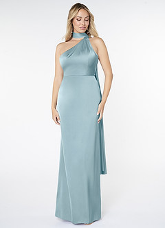 Azazie Kaylani Bridesmaid Dresses Moody Blue Mermaid High Neck Stretch Satin Dress image1