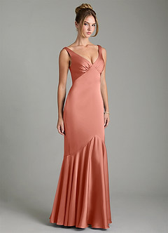 Azazie Alena Bridesmaid Dresses Salmon Pink Mermaid Pleated Stretch Satin Dress image4
