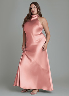 Azazie Velli Vestidos de damas de honor Vestido Rosa Polvorienta de Satén Metálico de Corte Recto con Cuello alto image12