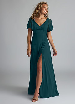 Azazie Induh Bridesmaid Dresses Pine A-Line Flutter V-neck Mesh Dress image1