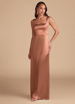 Azazie Flori Vestidos de damas de honor Vestido de Bronceador de Satén Metálico de Corte Recto con Corte Lateral image3