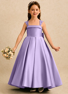 Azazie Genie Flower Girl Dresses Lilac Ball-Gown Off the Shoulder Matte Satin Dress image3
