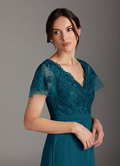 Azazie Singer Mother of the Bride Dresses Ink Blue A-Line V-Neck Lace Chiffon Dress image5