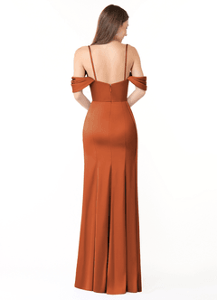 Azazie Amyra Bridesmaid Dresses Cinnamon Sheath Off the Shoulder Stretch Satin Convertible Dress image3