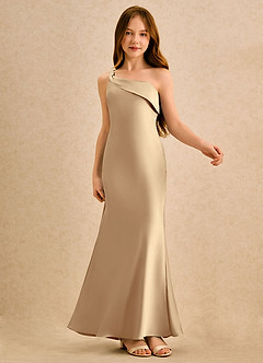 Azazie Almond Girls Formal Sukienki dla dziewczynek sypiących kwiaty Osłona Jedno ramię Satyna elastyczna Długość podłogi Sukienka image6