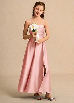 Azazie Pebbles Girl Jurken voor bloemenmeisjes A-Lijn Jurk van Mat Satijn Geplooid Rozet image7