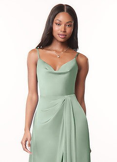 Azazie Brielle Bridesmaid Dresses Agave A-Line Cowl Spaghetti Straps Stretch Satin Dress image4