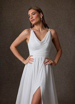 Azazie Neema At-home Try On Dresses Diamond White A-Line Side Slit Chiffon Dress image3
