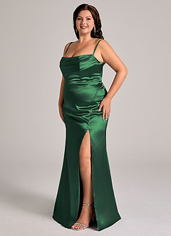 Azazie Saige Bridesmaid Dresses Dark Green Sheath Off the Shoulder Metallic Satin Convertible Dress image13