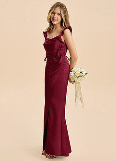 Azazie Jessamine Junior Burgundy Sheath Ruched Stretch Satin Dress image7