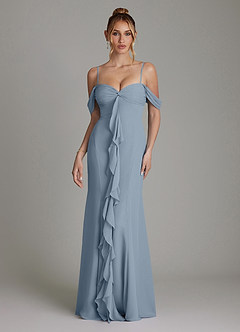 Azazie Karmela Bridesmaid Dresses Dusty Blue A-Line Off the Shoulder Chiffon Dress image4