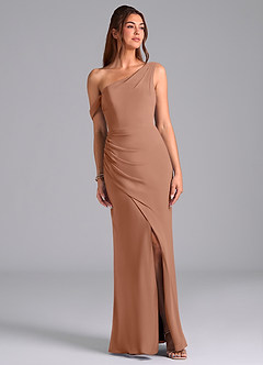Azazie Madelyn Jurken voor bruidsmeisjes Converteerbaar Jurk van Chiffon met Zeemeermin One-shoulder Bronzeertint image1