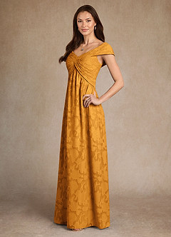 Azazie Myrtle Mother of the Bride Dresses Butterscotch A-Line Pleated Floral Burnout Dress image2
