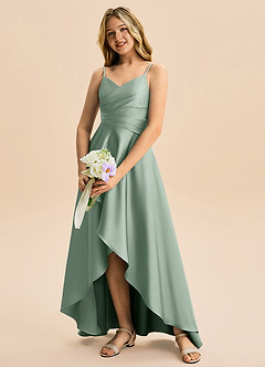 Azazie Eirlys Junior Agave A-Line Pleated Stretch Satin Dress image4