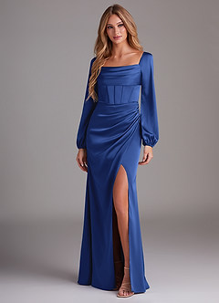 Azazie Charissa Bridesmaid Dresses Royal Blue Sheath Long Sleeve Stretch Satin Dress image4