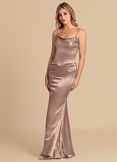 Azazie Sorrel Robes de demoiselle d'honneur Robe Sirène Convertible en Satiné métallisé Corset Taupe image4