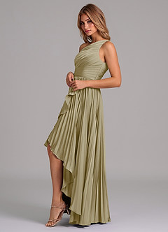 Azazie Lyrica 신부 들러리 드레스 A라인 한쪽 어깨 스트레치 새틴 비대칭 드레스 image5