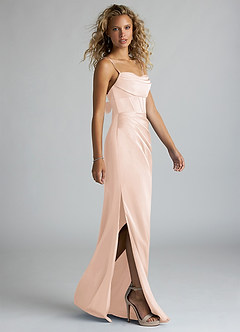 Azazie Mai Bridesmaid Dresses Blushing Pink Sheath Pleated Stretch Satin Dress image4