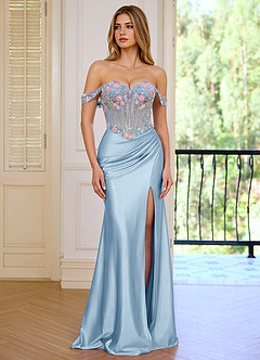Minicom Bleu Ciel Robe de bal sirène en satin stretch brodé de sequins image6