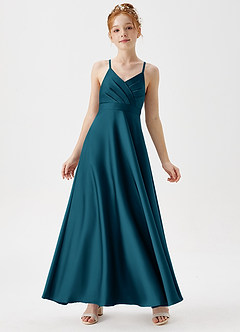 Azazie Avelina Junior Abito A-Line in Raso Elasticizzato Plissettato Blu Inchiostro image1