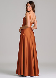 Azazie Amani 신부 들러리 드레스 A라인 주름진 스트레치 새틴 바닥 길이 드레스 image2