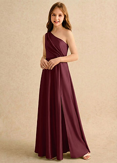 Azazie Puddles Girls Formal Robe Demoiselle D'honneur Fillette Robe Trapèze en Satin extensible Une épaule Cabernet image4