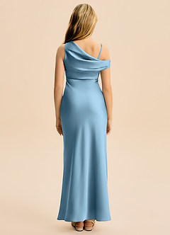 Azazie Emerson Junior Steel Blue Sheath Off the Shoulder Stretch Satin Dress image2