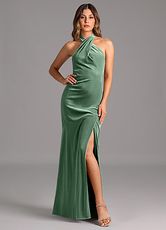 Azazie Drita Bridesmaid Dresses Eucalyptus A-Line Pleated Velvet Dress image1
