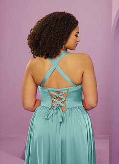 Barbie ♥ Azazie Bridesmaid Dresses Aqua A-Line with Pockets Stretch Satin Dress image9