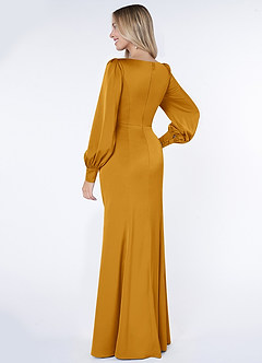 Azazie Raye Robes de demoiselle d'honneur Robe Sirène en Satin extensible Manche longue Caramel écossais image4