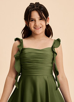 Azazie Kira Junior A라인 러칭 스트레치 새틴 미니 주니어 브라이즈메이드 드레스 image8