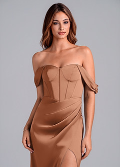 Azazie Asha Jurken voor bruidsmeisjes Converteerbaar Jurk van Stretch Satijn met Kolom Off the Shoulder Bronzeertint image5