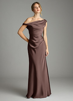 Azazie Emerson Bridesmaid Dresses Ganache Mermaid Off the Shoulder Stretch Satin Dress image1