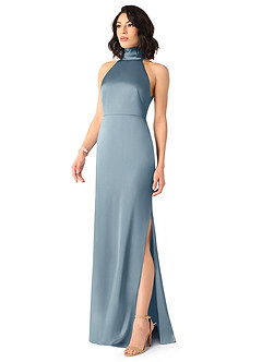 Azazie x Delaney Bridesmaid Dresses Dusty Blue Sheath High Neck Stretch Satin Dress image2
