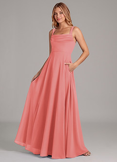 Azazie Shaude Bridesmaid Dresses Coral A-Line Pleated Chiffon Dress image4