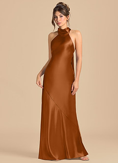 Azazie Velli Brudtärnklänningar Klä av Tubklänning i Metallisk satin Hög hals Koppar image3