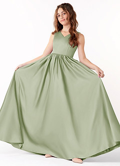 Azazie Hathaway Junior A-Linie Schleifen Stretch-Satin Kleid Staubiger Salbeigrün image2