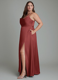 Azazie Sarella Robes de demoiselle d'honneur Robe Trapèze en Satin extensible Plissé Terracotta image11