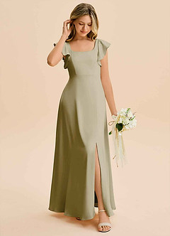 Azazie Bondi Junior Moss Green A-Line Side Slit Stretch Satin Dress image3
